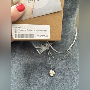 Jill Michael Herringbone Coin and Chain Triple Layer Necklace in Silver Tone